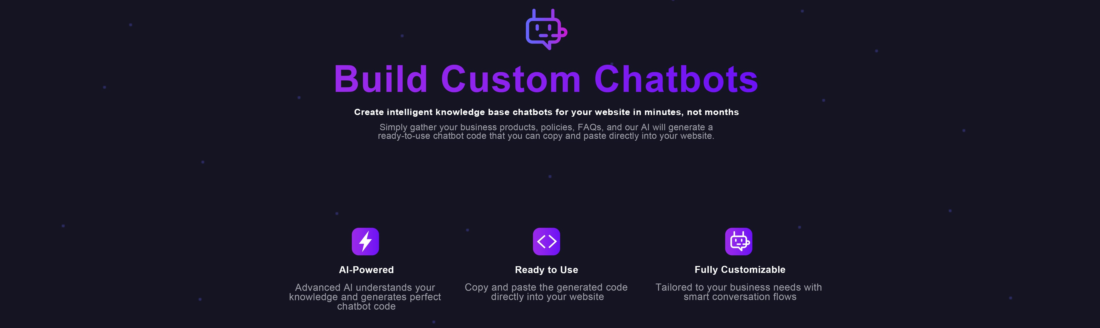 Website page for building custom chatbots with a dark background and purple text.