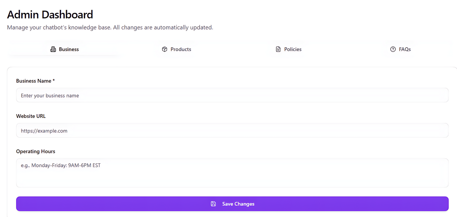 Admin dashboard interface for managing a business's knowledge base with fields for business name, website URL, and operating hours.
