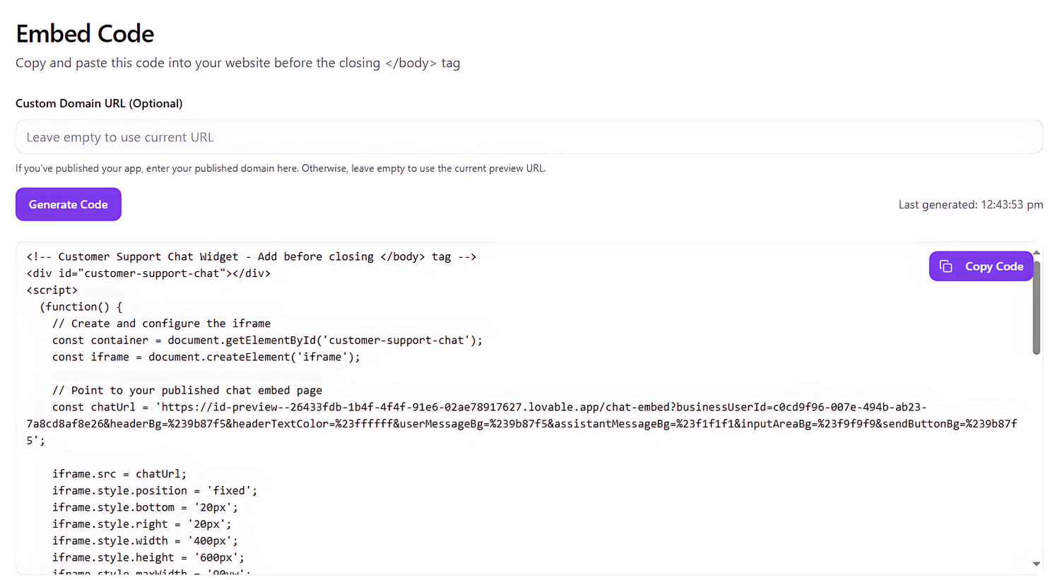 Ai chatbot builder embed code software interface