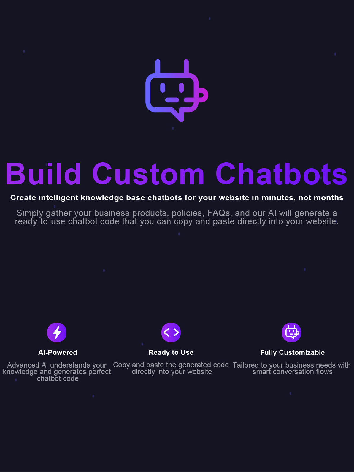 Website page for building custom chatbots with a dark background and purple text.